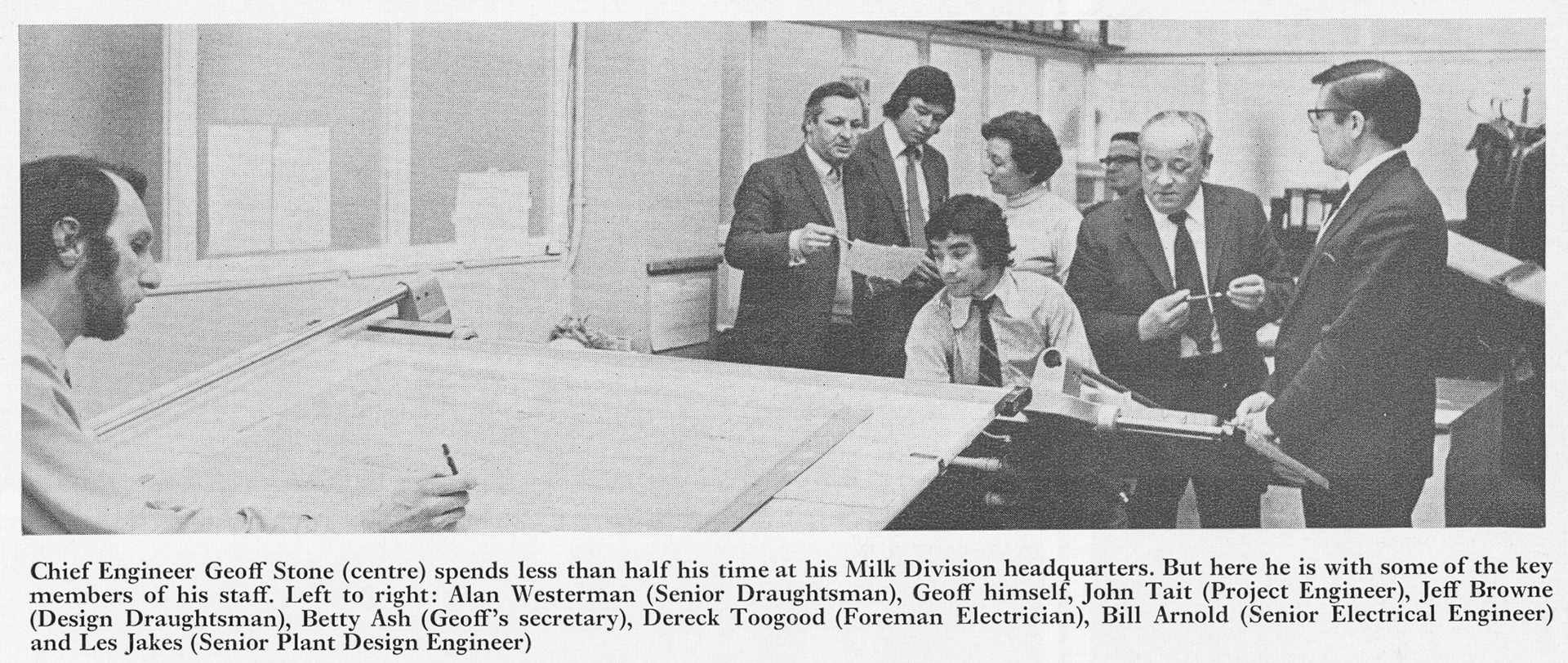 1974 GEOFF STONE Chief Engineers Department, with Alan Westerman, John Tait, Jeff Browne, Betty Ash, Dereck Toogood, Bill Arnold and Les Jakes.