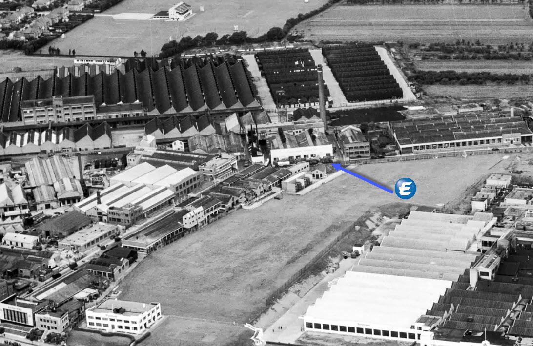 1953-18 July. "The Firestone Tyre and Rubber Co Factory off Great West Road, Brentford" showing location of Express Processing plant, arrowed. (Courtesy Historic England, Aerofilms Collection-EAW050744)