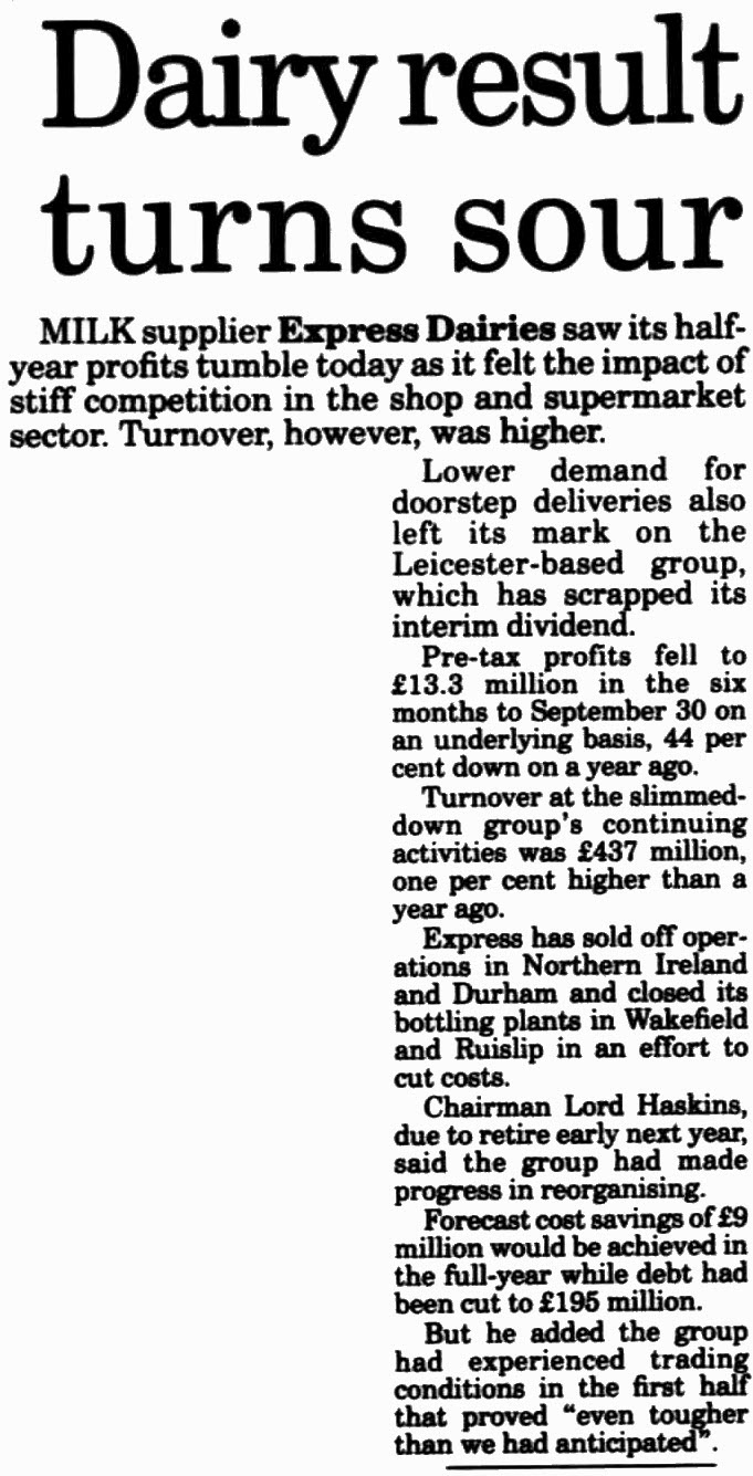 2001 Express Dairies financial results reported in the Shropshire Star, 16 November. (Courtesy of THE BRITISH LIBRARY BOARD)