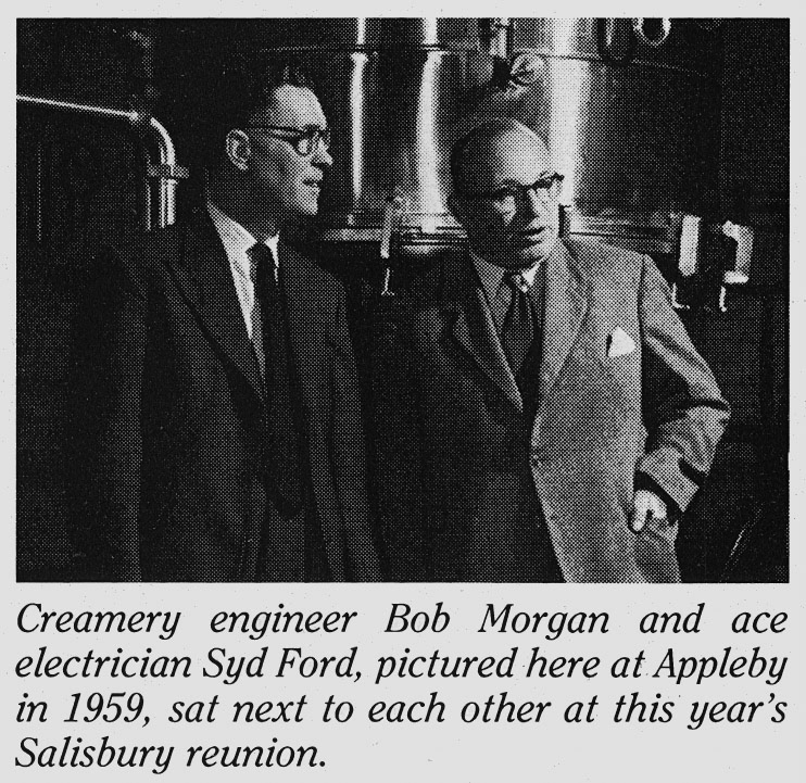 1959 Appleby veterans Bob Morgan (Creamery Engineer) and Syd Ford (Electrician) met again at a reunion in 1988  (January Express News)