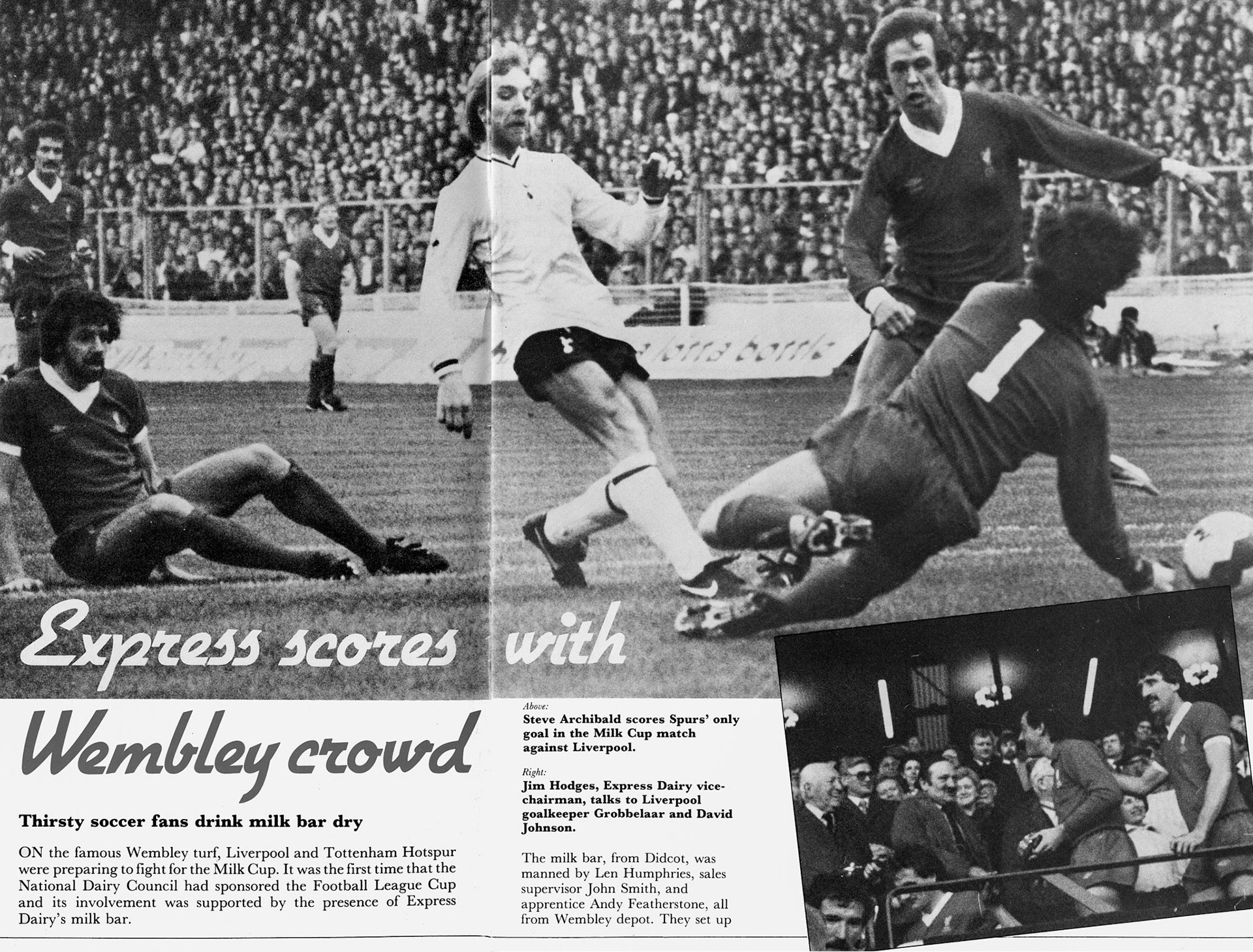 1982 Liverpool v Spurs in the Milk Cup at Wembley (3-1). Express Wembley staff manned the milk bar-Len Humphries, John Smith and Andy Featherstone. (Express News April)