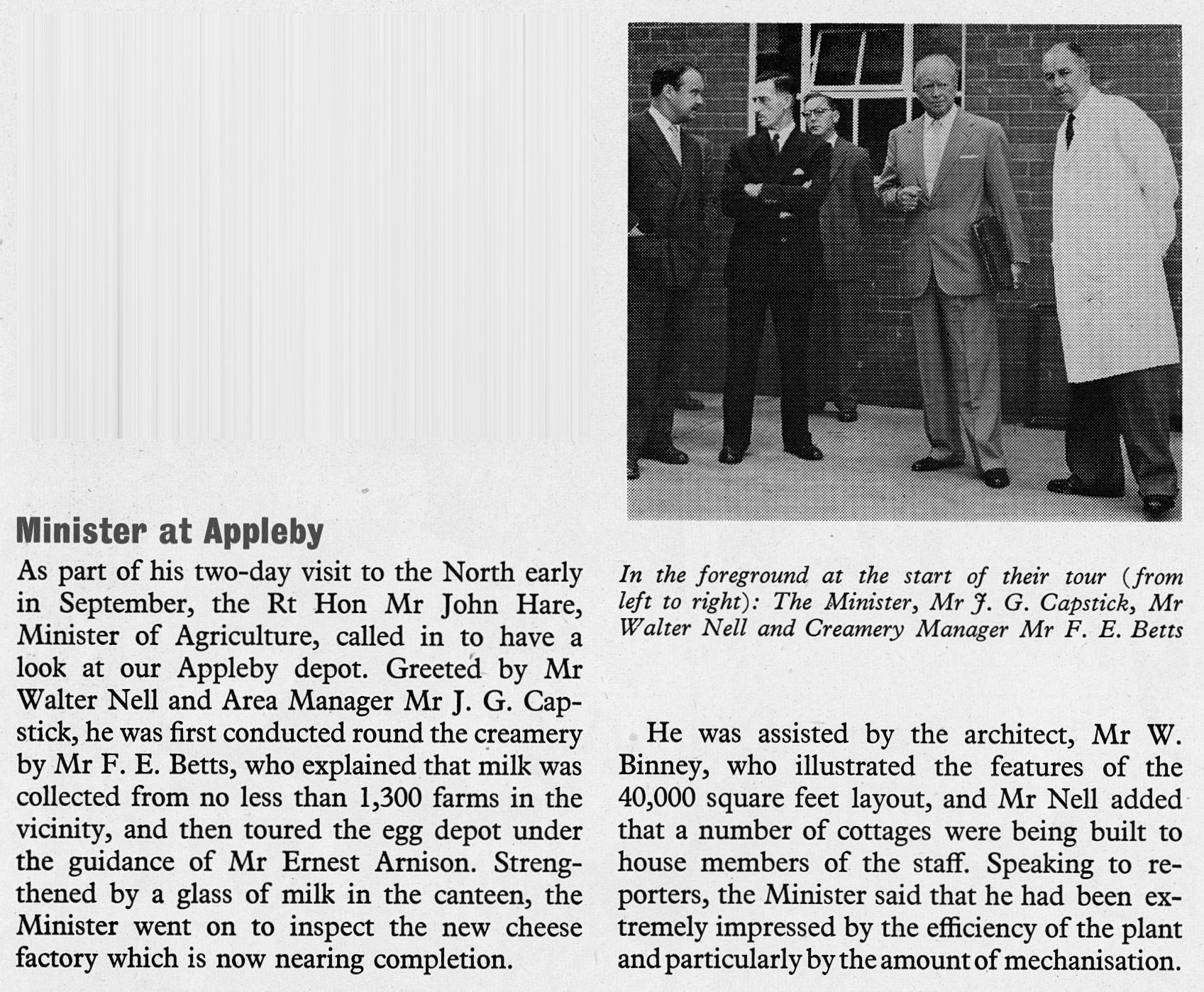 1958 Minister of Agriculture John Hare visits Appleby, with Walter Nell and JG Capstick with Creamery Manager Frank Betts