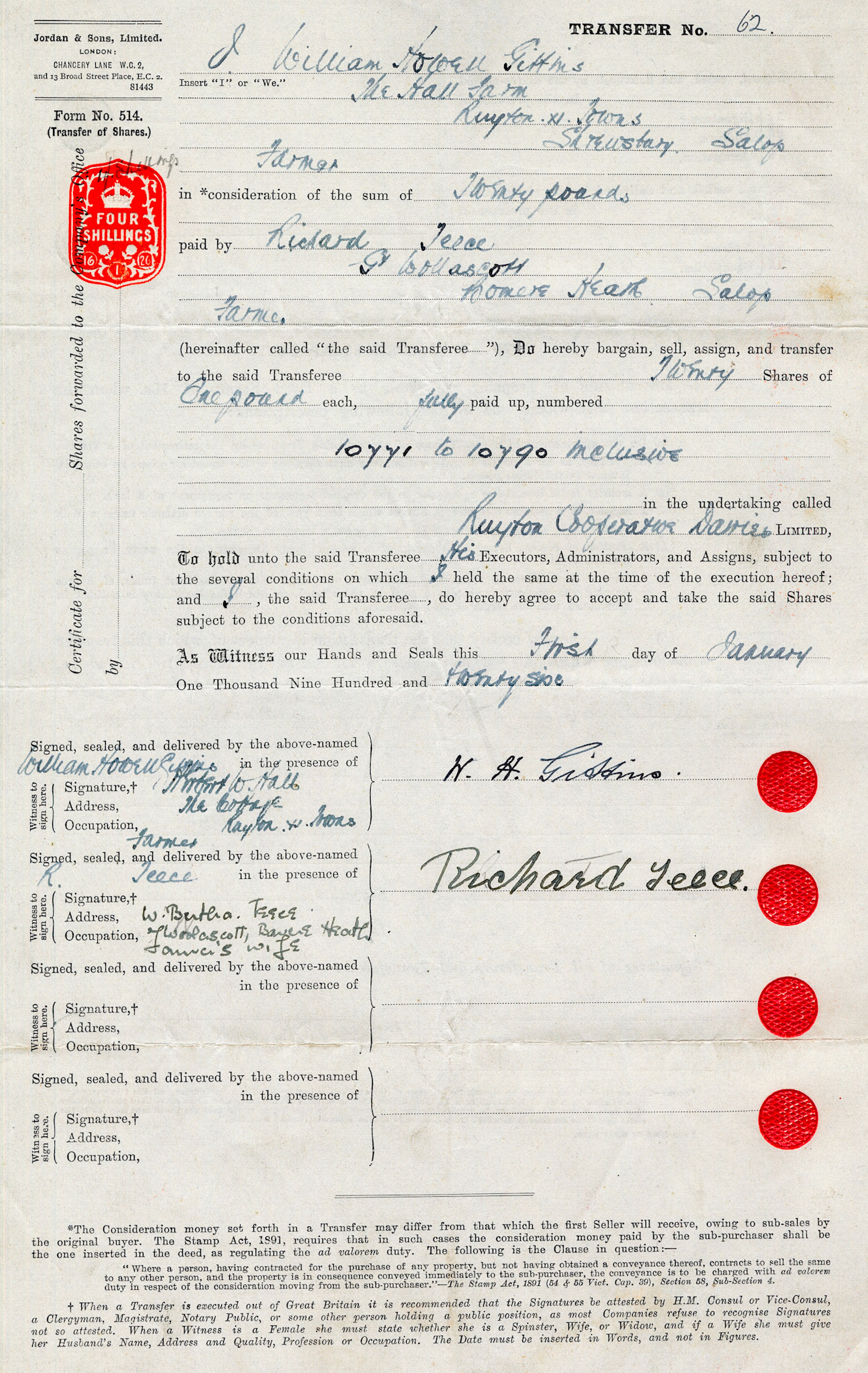 1926-William Howell Gittins-Share Transfer Form
