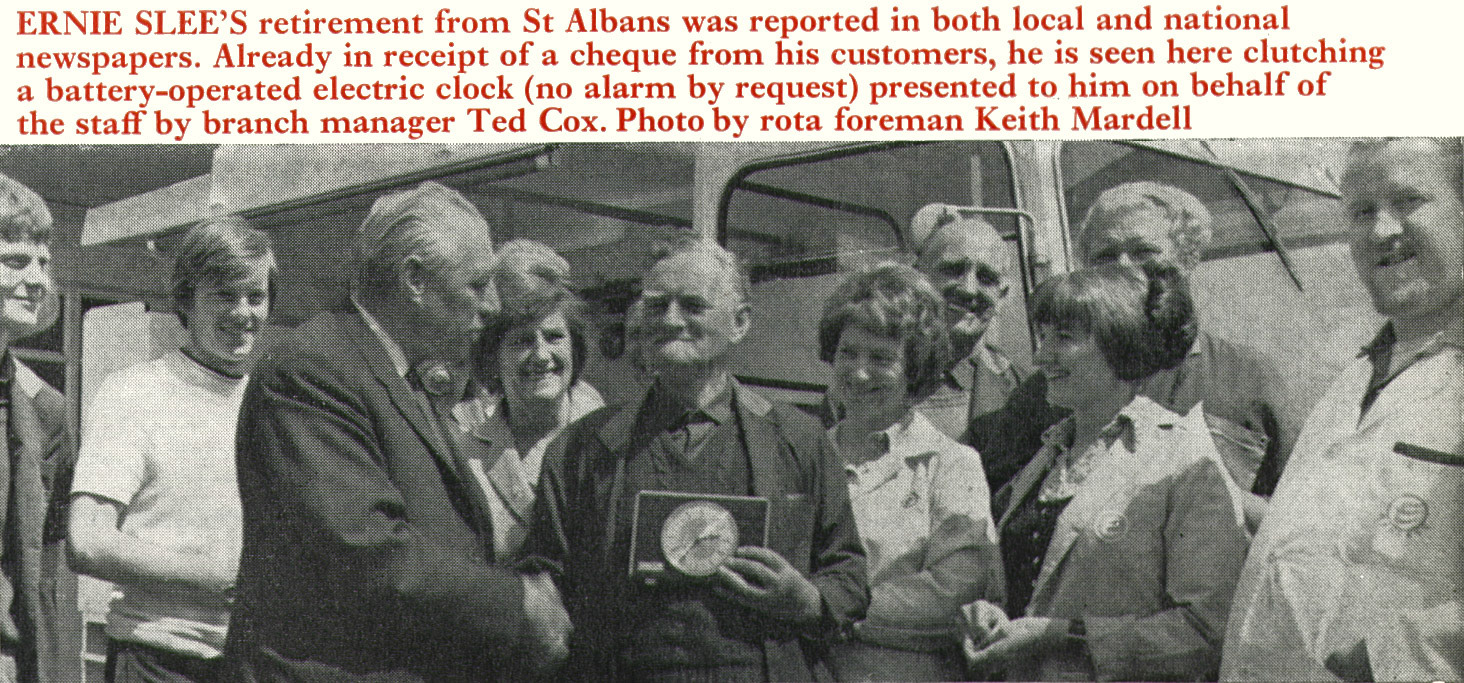 1972 St Alban's milkman Ernie Slee retires. Colin Bull and Terry Coleman recognise Mick Clark, servery manager, far right. Terry Coleman adds "Ted Cox was the manager when I started at St Albans in 1975."(Express News Christmas)