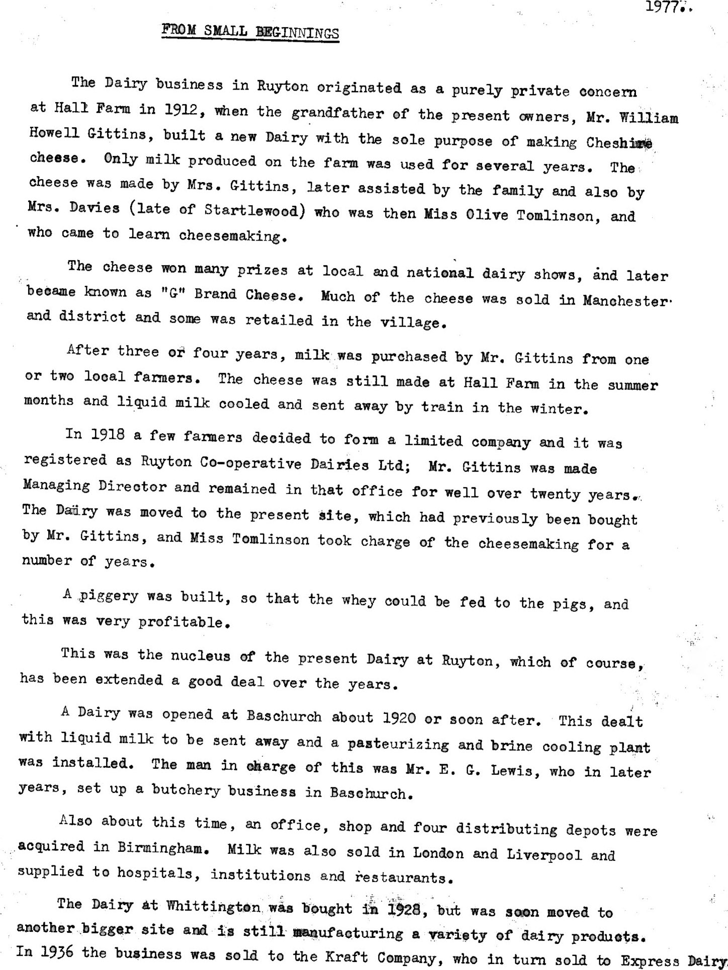 1977 History of Ruyton Creamery 'From Small Beginnings' (Courtesy Yoland Brown, Yoland@eleventowns.co.uk, www.eleventowns.uk/history.html)