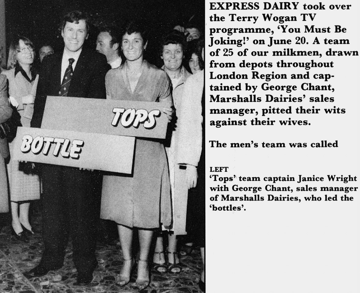 1981 Express milkman and their partners compete on Terry Wogan's 'You Must Be Joking' show, with George Chant and Janice Wright as team captains. (Express News July)