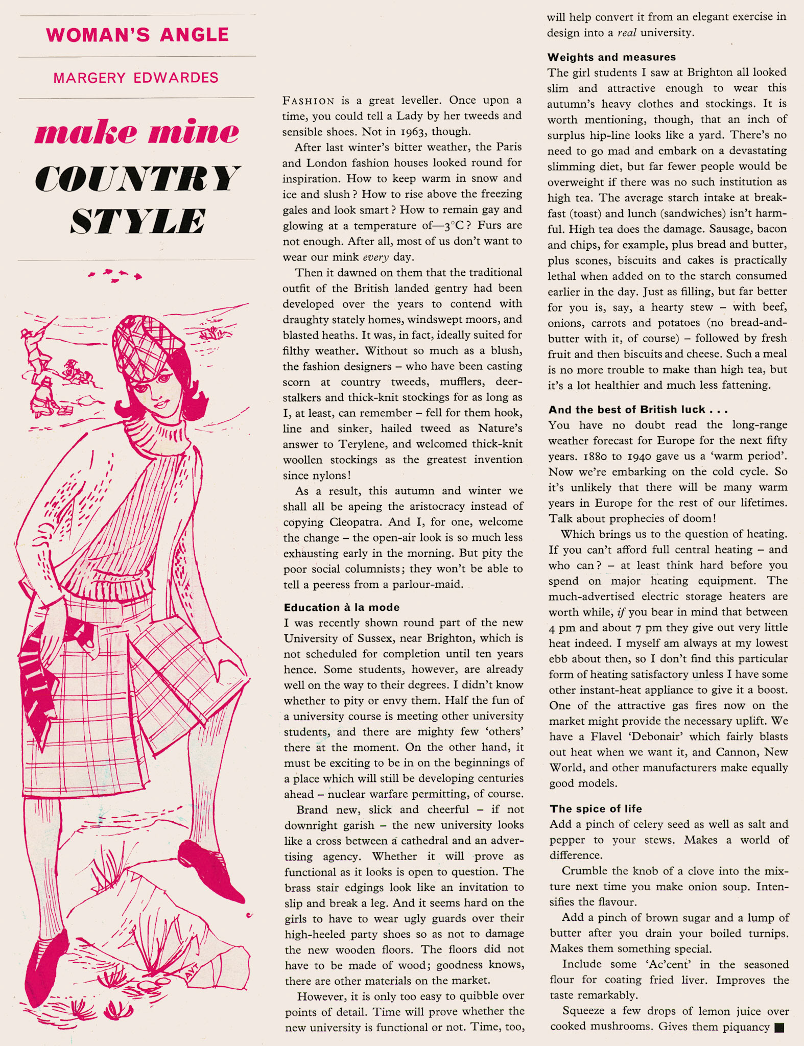 1963 Autumn - Women's Page featuring country fashion, a visit to the University of Sussx, heating your house and using celery seeds in cooking. (Express News)