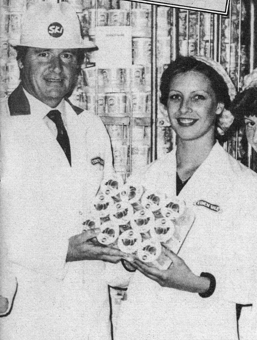 1982 Cerebral palsy SOS Ski appeal, Fiona Tyrer next to Coronation Street's Ken Barlow (William Roach)