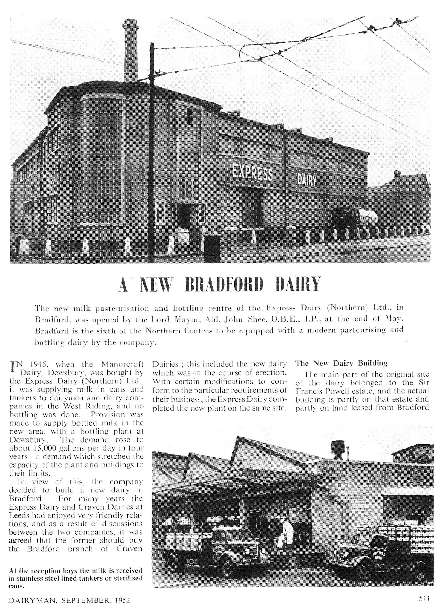 1952 Bradford Model Dairy featured in The Dairyman magazine. Express bought the part-completed new dairy from Craven Dairy and then finished it to their own specifications. (Courtesy Paul Luke)