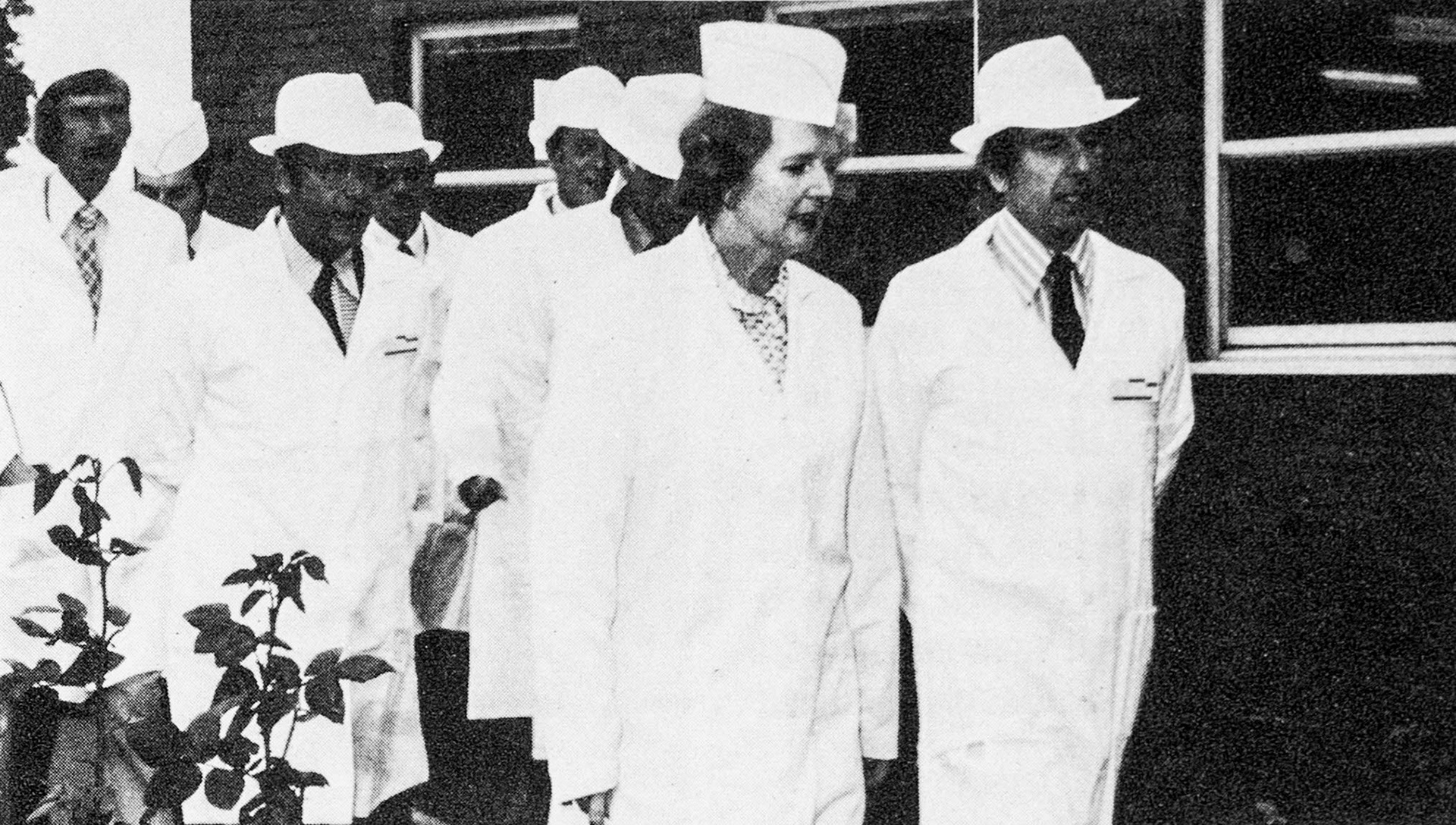 1979 Margaret Thatcher visits North Tawton on a fact-finding visit, picture includes Dennis Thatcher (partly hidden), Arthur West and Peter Ohlson. (Express News Autumn)