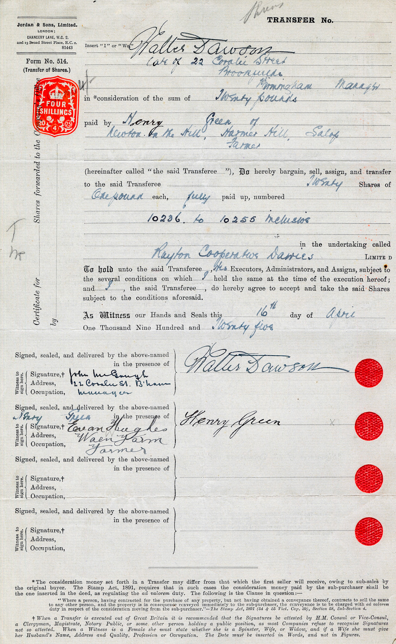 1925-Walter Dawson, “Mr Walter Dawson having left the Company Mr W.H. Gittins has been appointed nominee for the sale of his shares.”-Share Transfer Form