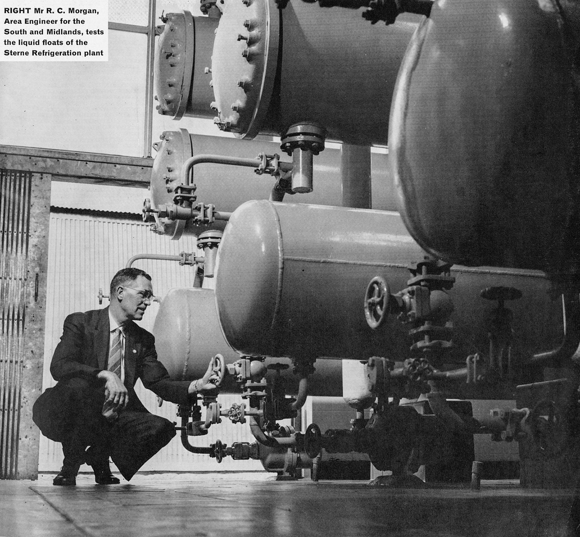 1963 Staplemead-extract from feature article-Mr R.C. Morgan, Area Engineer checks the Sterne Refrigeration Plant. (Express News Autumn)