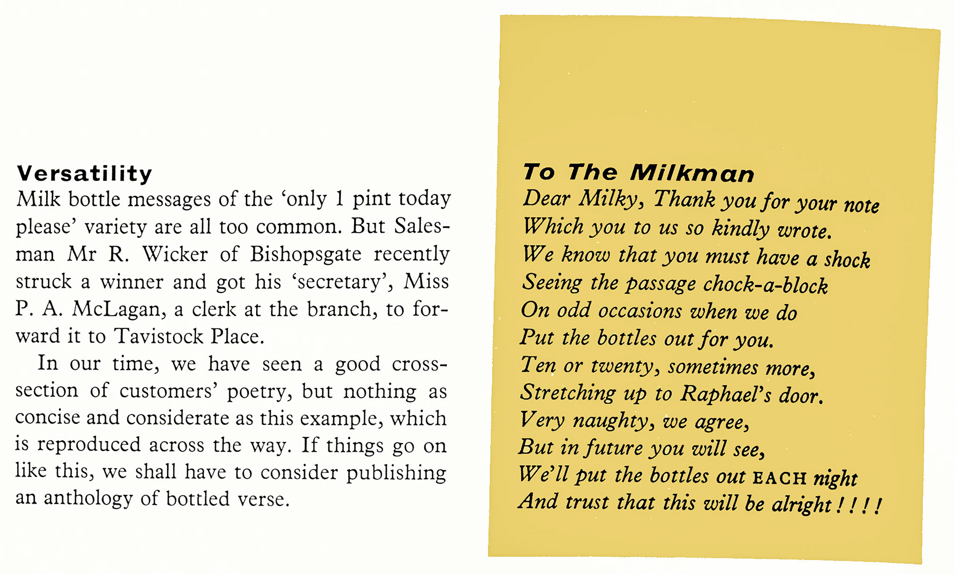 1961 Bishopsgate salesman Mr R. Wicker found this note from a customer, sent in by Miss P.A. McLagan, a clerk at his branch. (Express News Autumn)