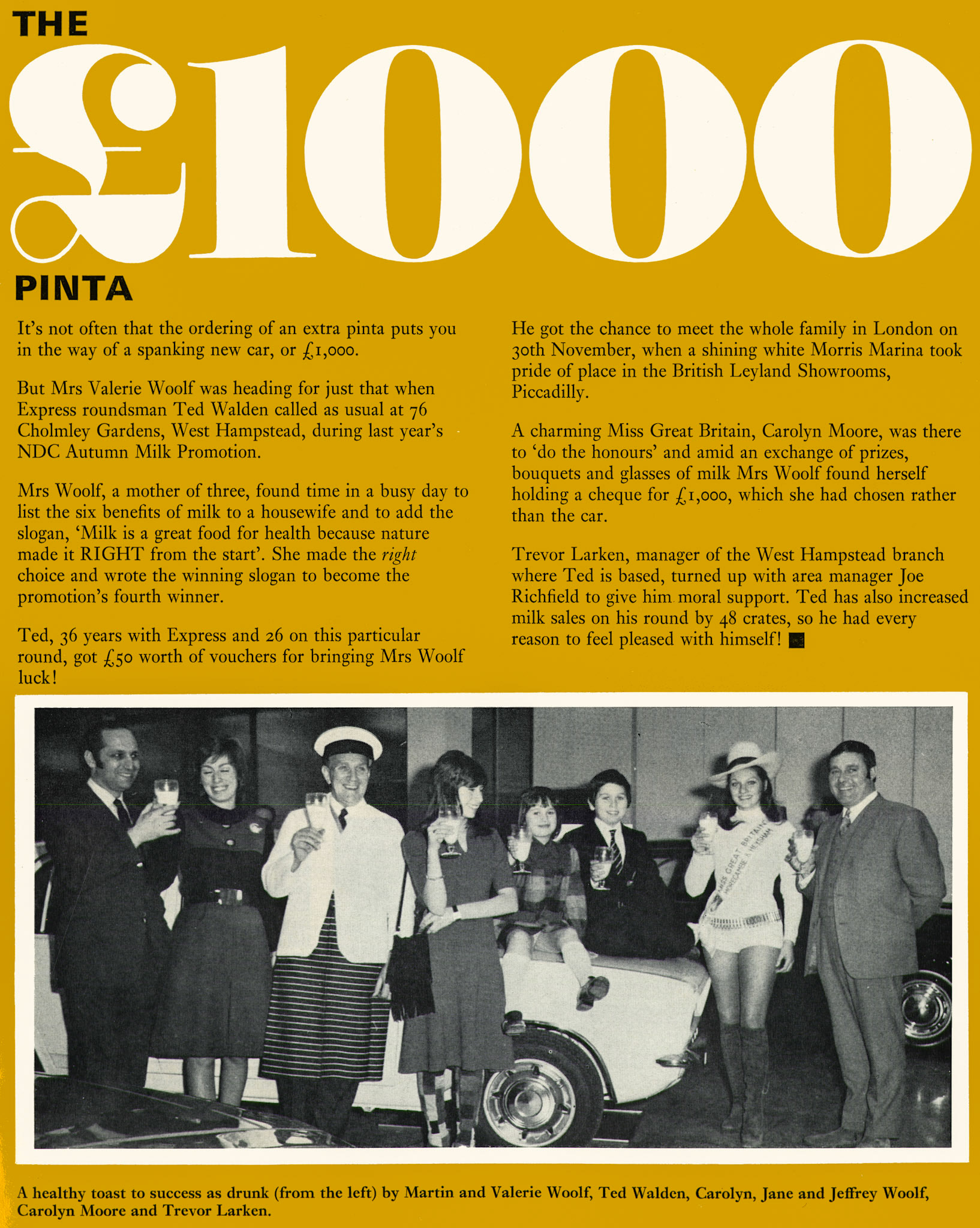 1972 West Hampstead customer supplied by roundsman Ted Walden wins prize, with Carolyn Moore, Miss Great Britain and Trevor Larken (Branch Manager) and Joe Richfield (Area Manager) (Express News Spring)