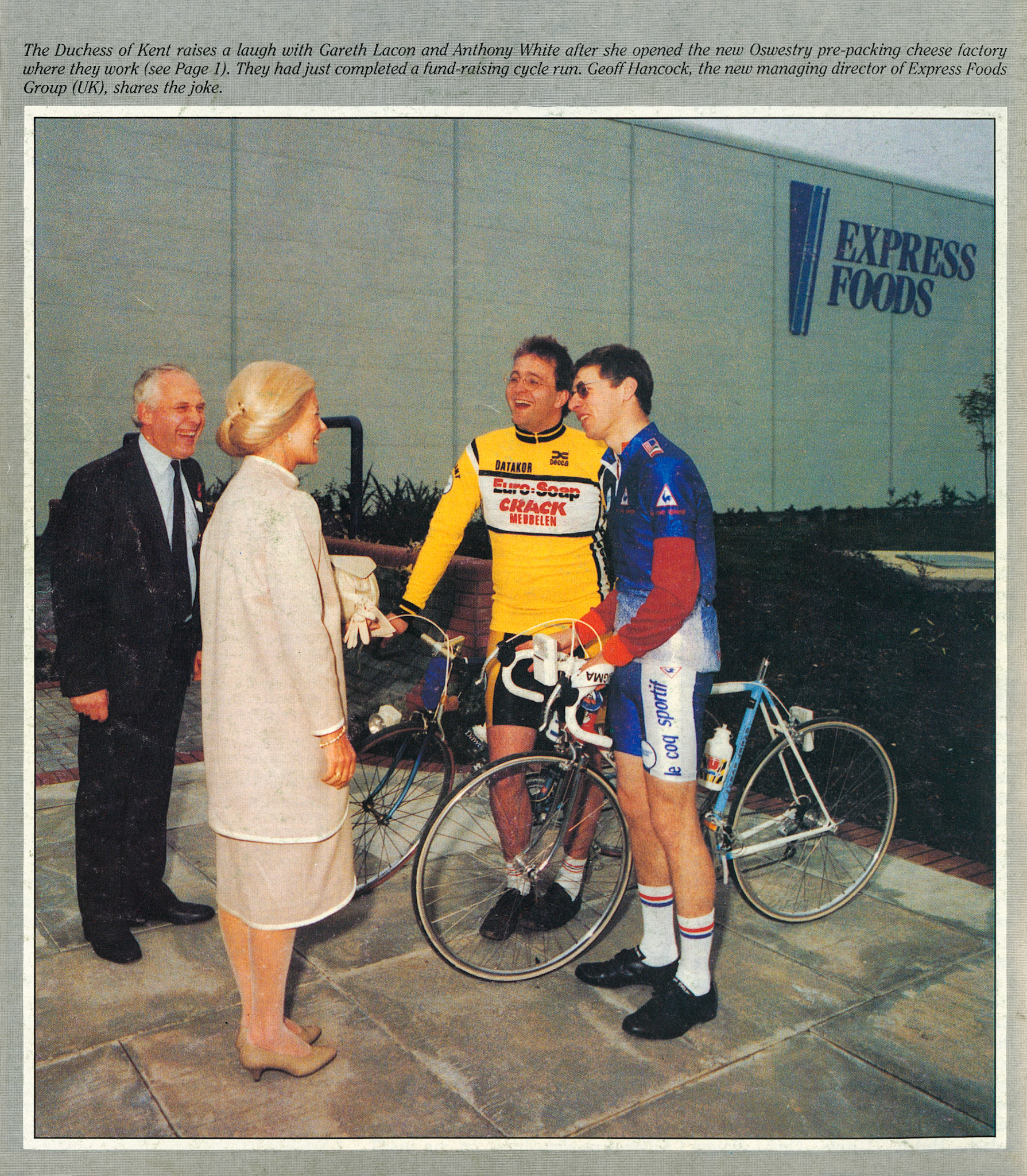 1988 The Duchess of Kent speaks to Gareth Lacon and Anthony White during the Oswestry opening - Geoff Hancock, MD of Express Foods UK looks on.