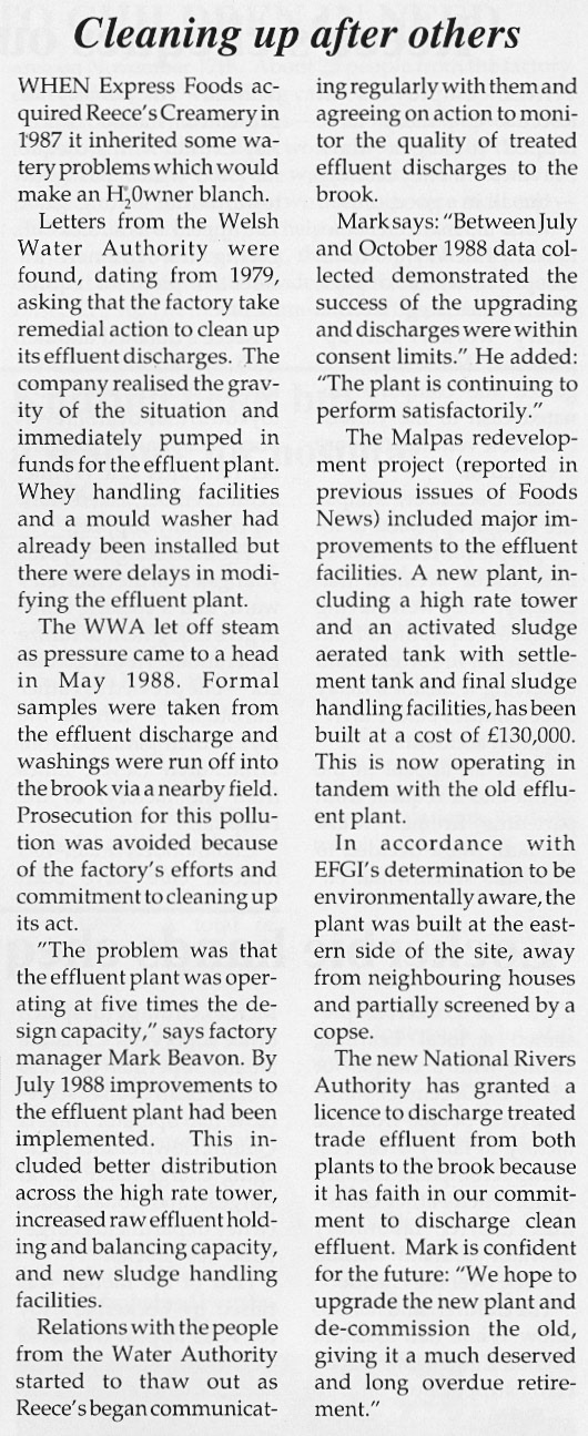 1990 Reece's Creamery effluent problems- Express Foods News, Issue 3