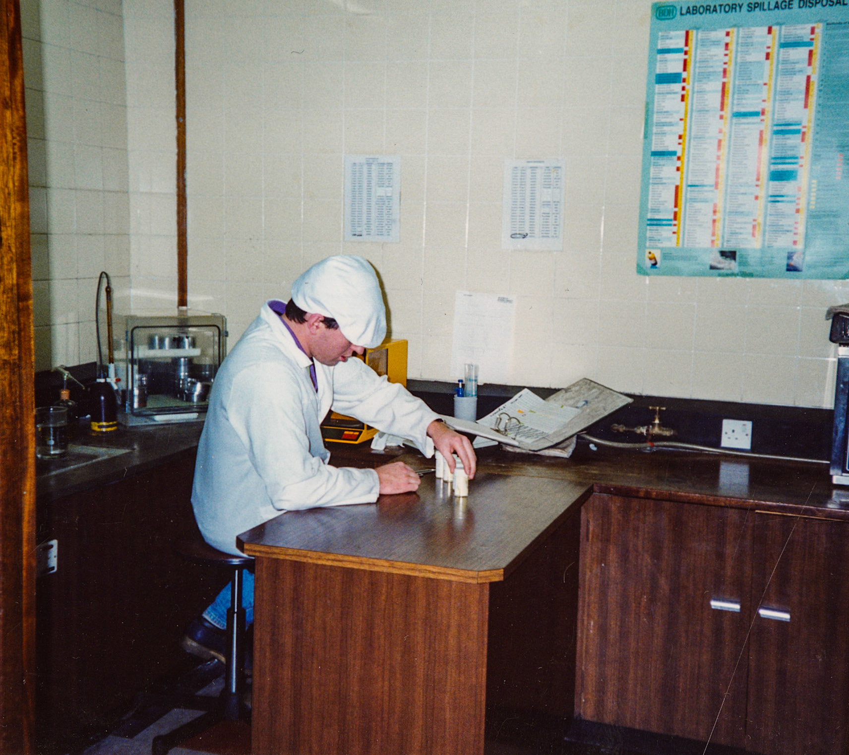 1991 Honiton, November, following closure announcement: Steve Gerry in the gravi room, moving butter samples around. (Courtesy Wendy Hawker)