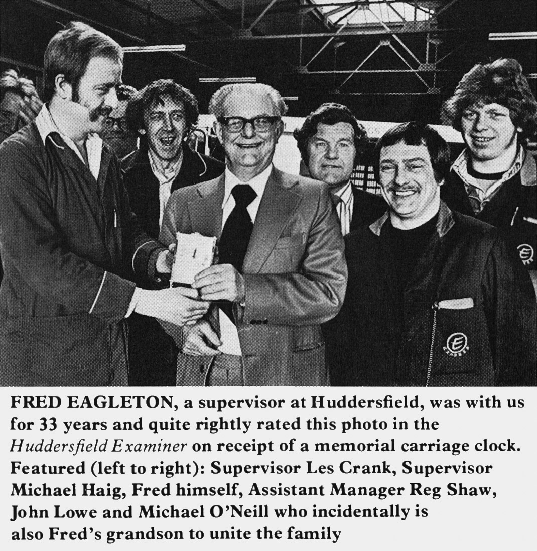 1978 Huddersfield supervisor Fred Eagleton retires after 31 years with Les Crank, Michael Haig, Reg Shaw, John Lowe and Michael O'Neill. (Express News Summer)
