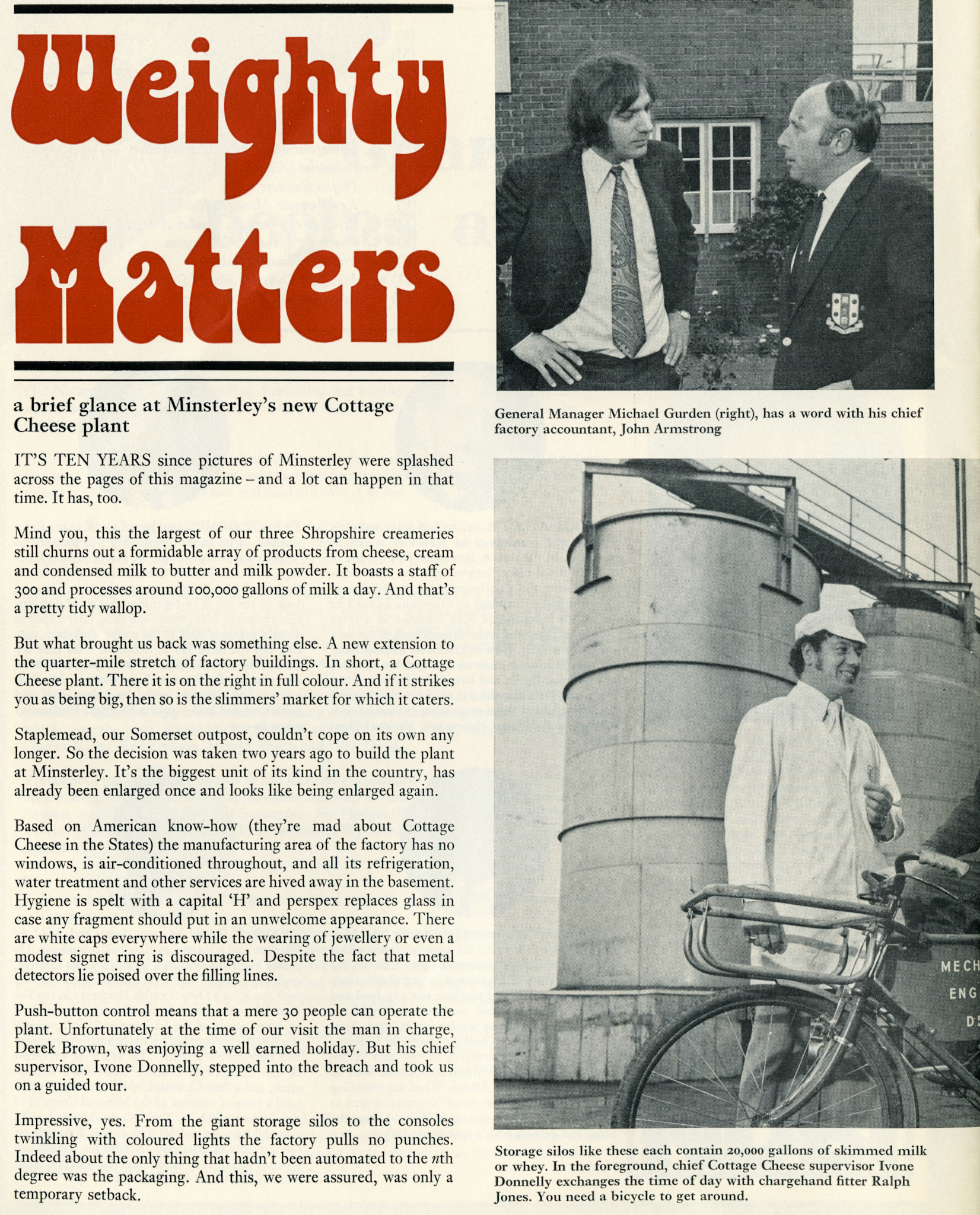 1972 Summary of Minsterley operation with General Manager Michael Gurden, Factory Accountant John Armstrong and Chargehand fitter Ralph Jones