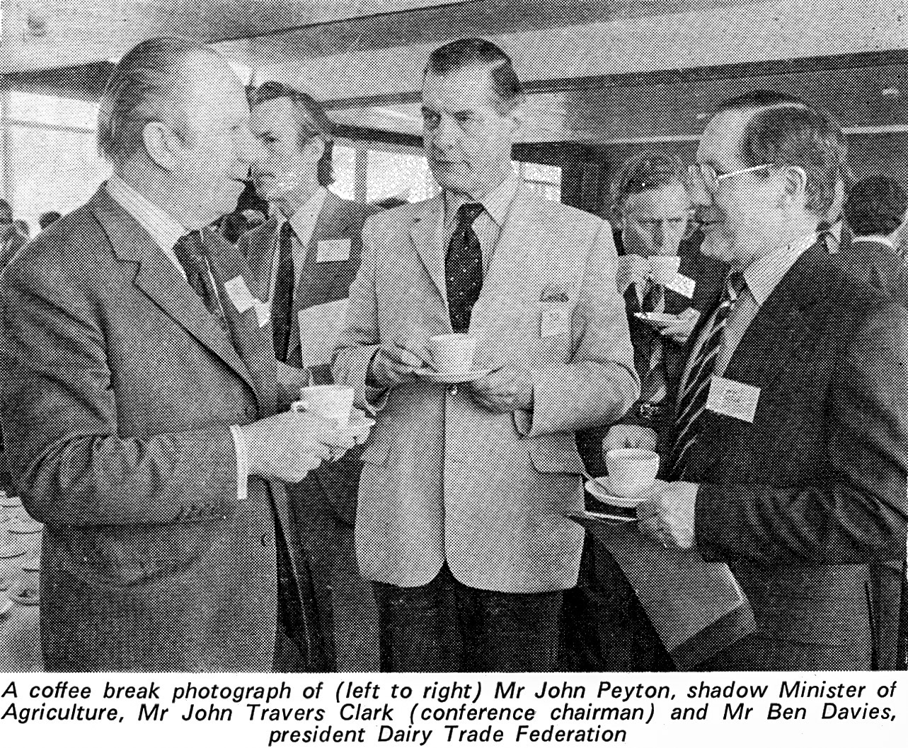 1978 Dairy Trade Federation conference at Eastbourne. Mr John Peyton, Mr John Travers Clark and Mr Ben Davies.  (Milk Industry magazine, June)