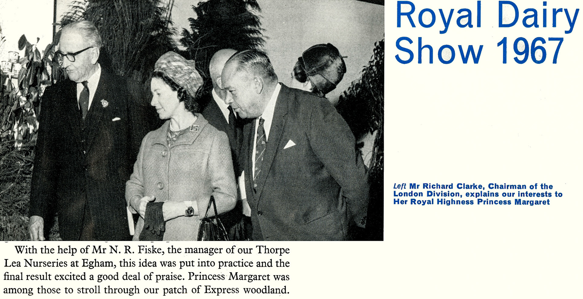 1967 Royal Dairy Show, Express garden designed by N. R. Fiske. Richard Clarke shows Princess Margaret. (Express News Christmas)