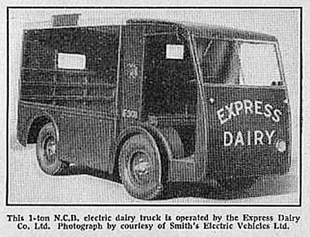 1951 "One-ton NCB electric dairy truck is operated by the Express Dairy Co. Ltd, photo by Smith's Electric Vehicles Ltd. (Courtesy Michael Aldread)