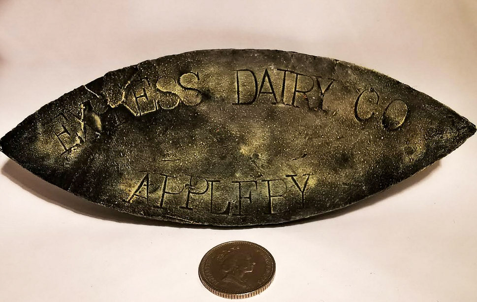 1930S? Metal plaque from an old churn - Express Dairy Co Appleby. Alan comments "found in a dry stone wall in North Staffordshire - no idea why in the wall". (Courtesy Alan Salt)