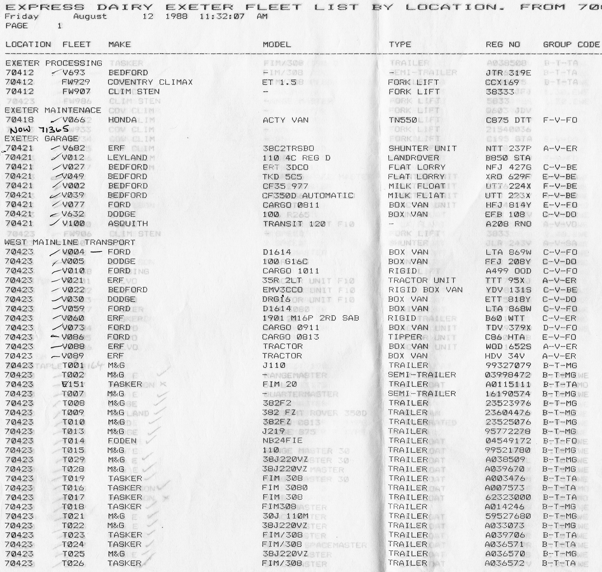 1989 Example fleet list for Exeter (Courtesy Dave Fane)