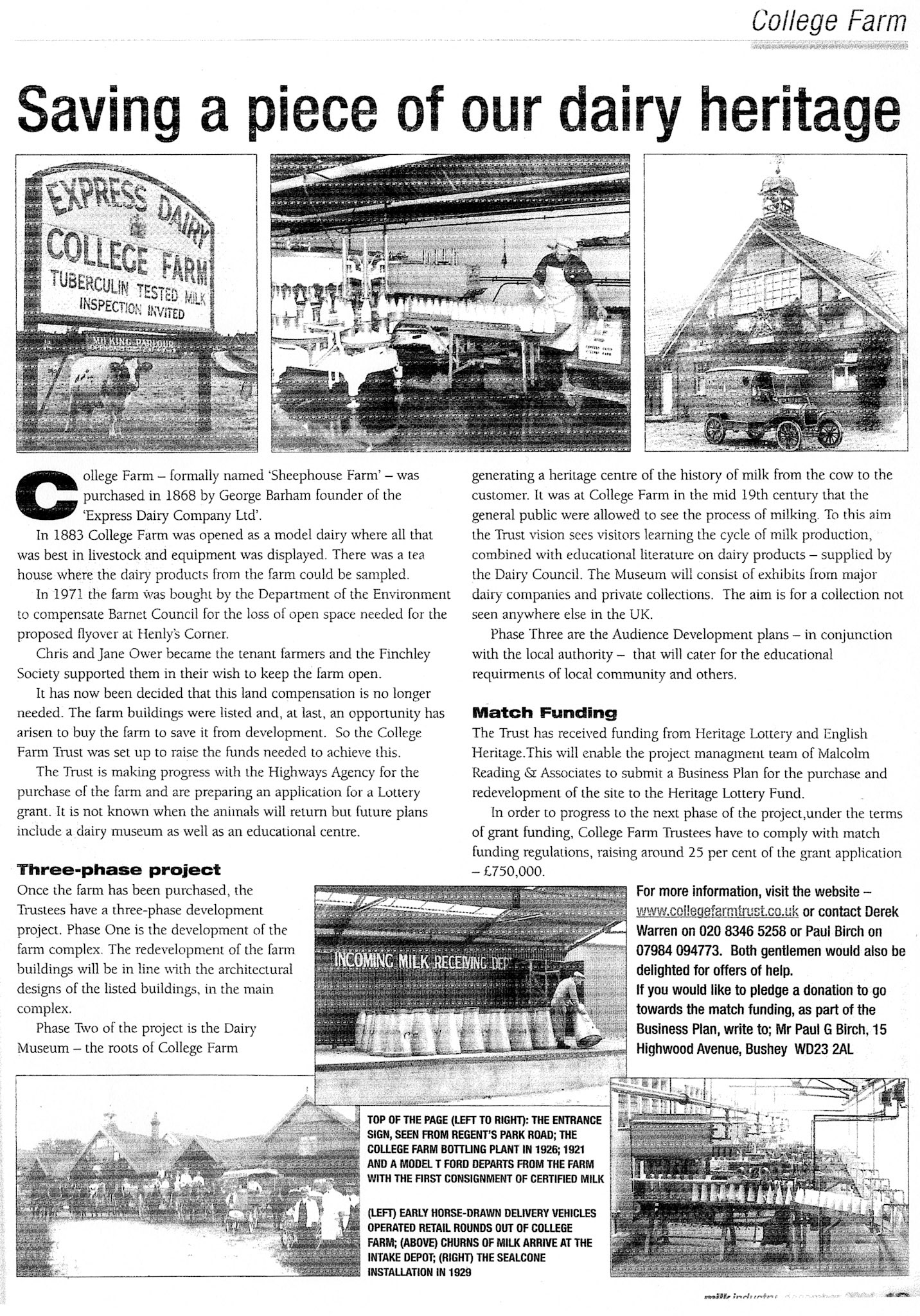 2000 College Farm article in Milk Industry, following the Heritage Lottery fund grant. (Courtesy Paul Luke)