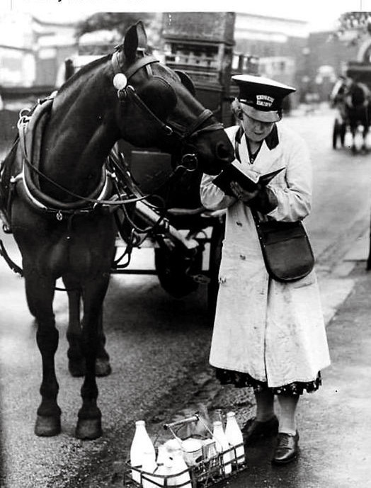 1940 Watched by her horse, a female  Express 'milkman' makes an entry in her rounds book. During World War II women took over the milk rounds usually run by men. (Courtesy Ann Cator)Credit &amp; Photo by Eric Harlow/Keystone/Getty Images