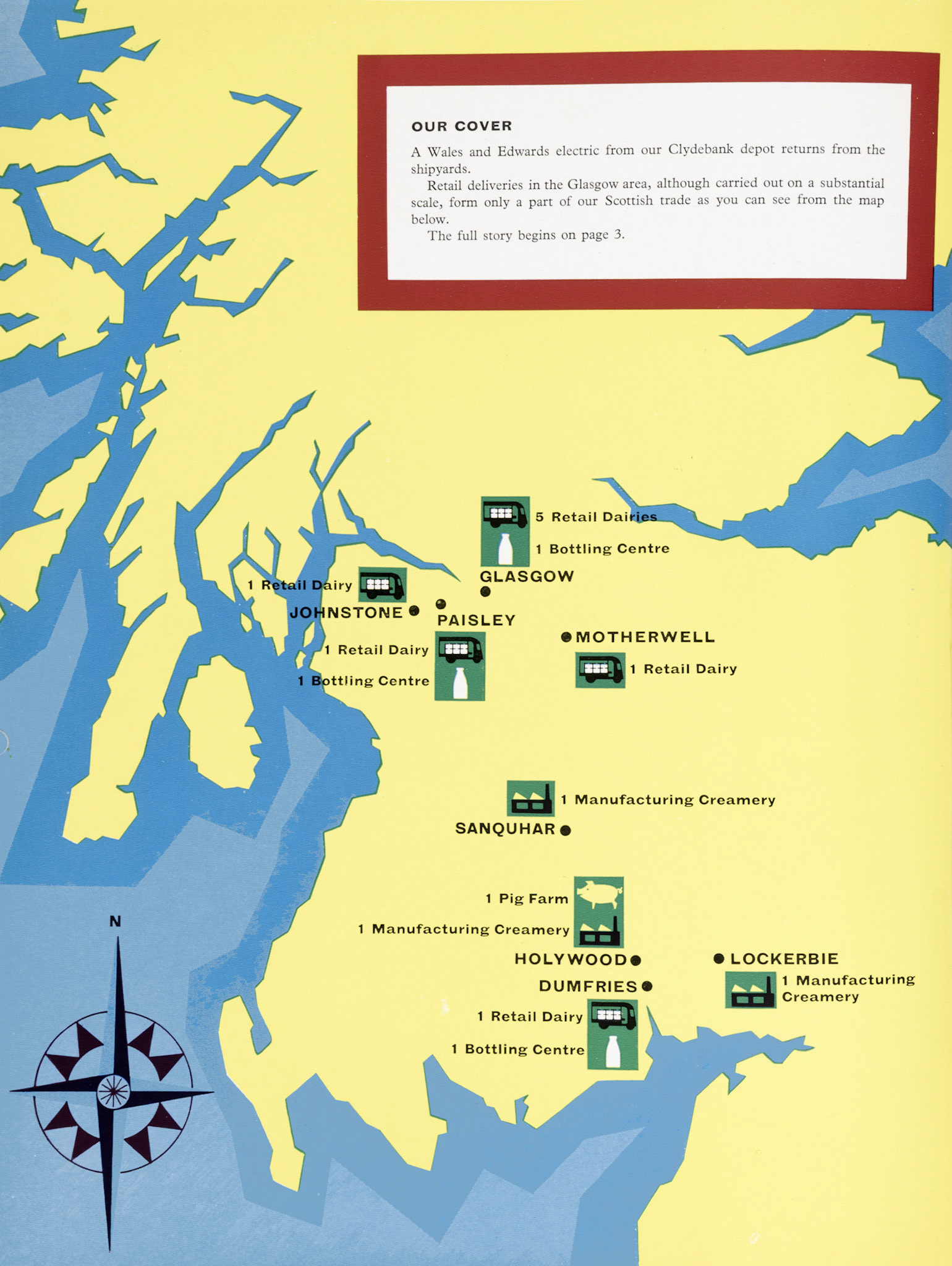 1961 Map of Express operations, showing retail dairies in Glasgow (6), Johnstone, Paisley, Motherwell and Dumfries, bottling centres in Glasgow, Paisley and Dumfries, and Creameries at Sanquhar, Holywood (including a pig farm) and Lockerbie. (Express News Autumn)