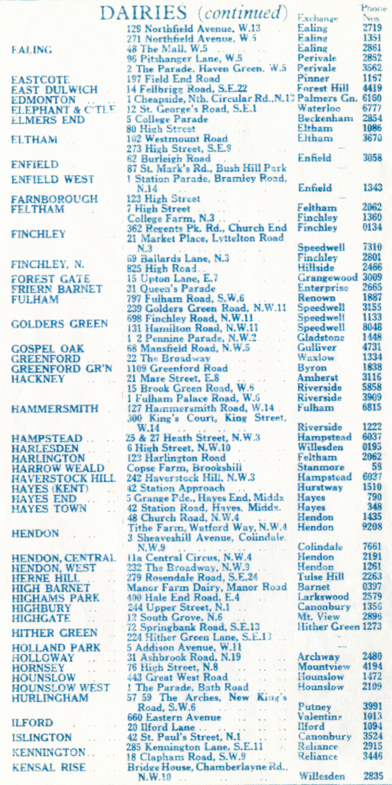 1900's ? Alphabetical List of dairies in London selling 'Tuberculin Tested, Jersey and Nursery Milks from its own farms' (Courtesy Dave Fane)