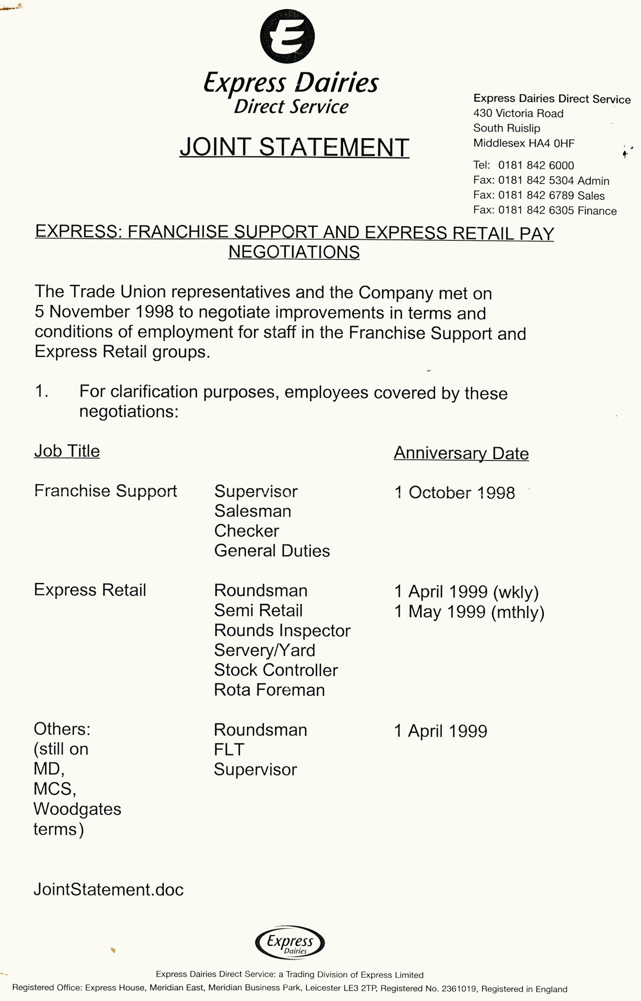 1998 Express Dairies Direct Service joint union and Company statement recommending the Company's offer. (Courtesy Michael Aldread)