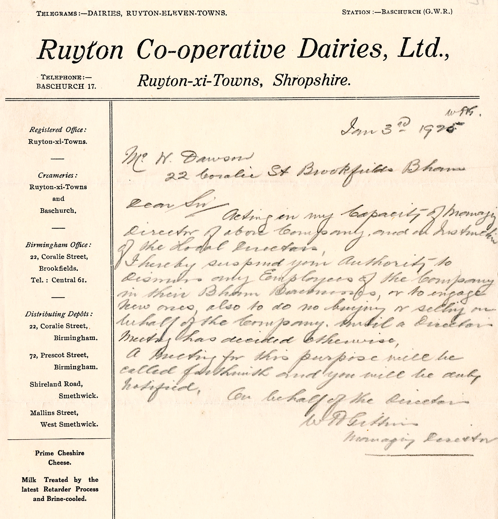 1925 Letter from Mr W.H. Gittins to Mr W. Dawson, suspending him from his duties at 22 Coralie Street, Birmingham.