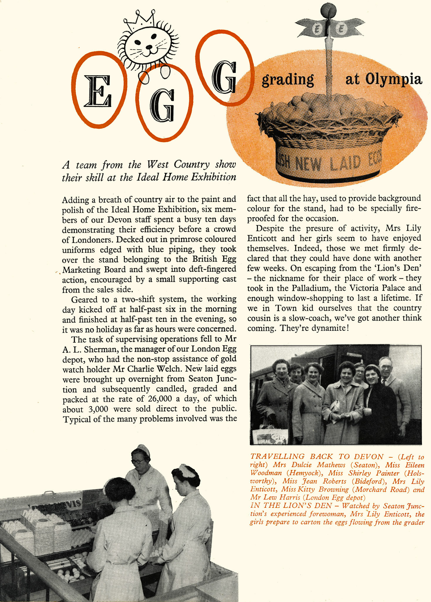 1958 Express Egg graders from Devon and London sort eggs 'live' at the Ideal Home Exhibition. (Express News July)