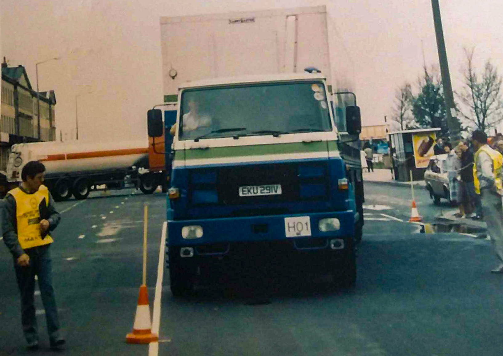1981 Tarvin, Tony Woodward remembers" 'Commercial Motor' Lorry driver of the year, Fleetwood qualifying heat-we had a good day, three classes entered individually-Norman Bachmyer/ Dave Plank/ Geoff Lewis (RIP)/ Tony Woodward/ Bill Wilkinson (Transport Manager)" (Courtesy Tony Woodward)