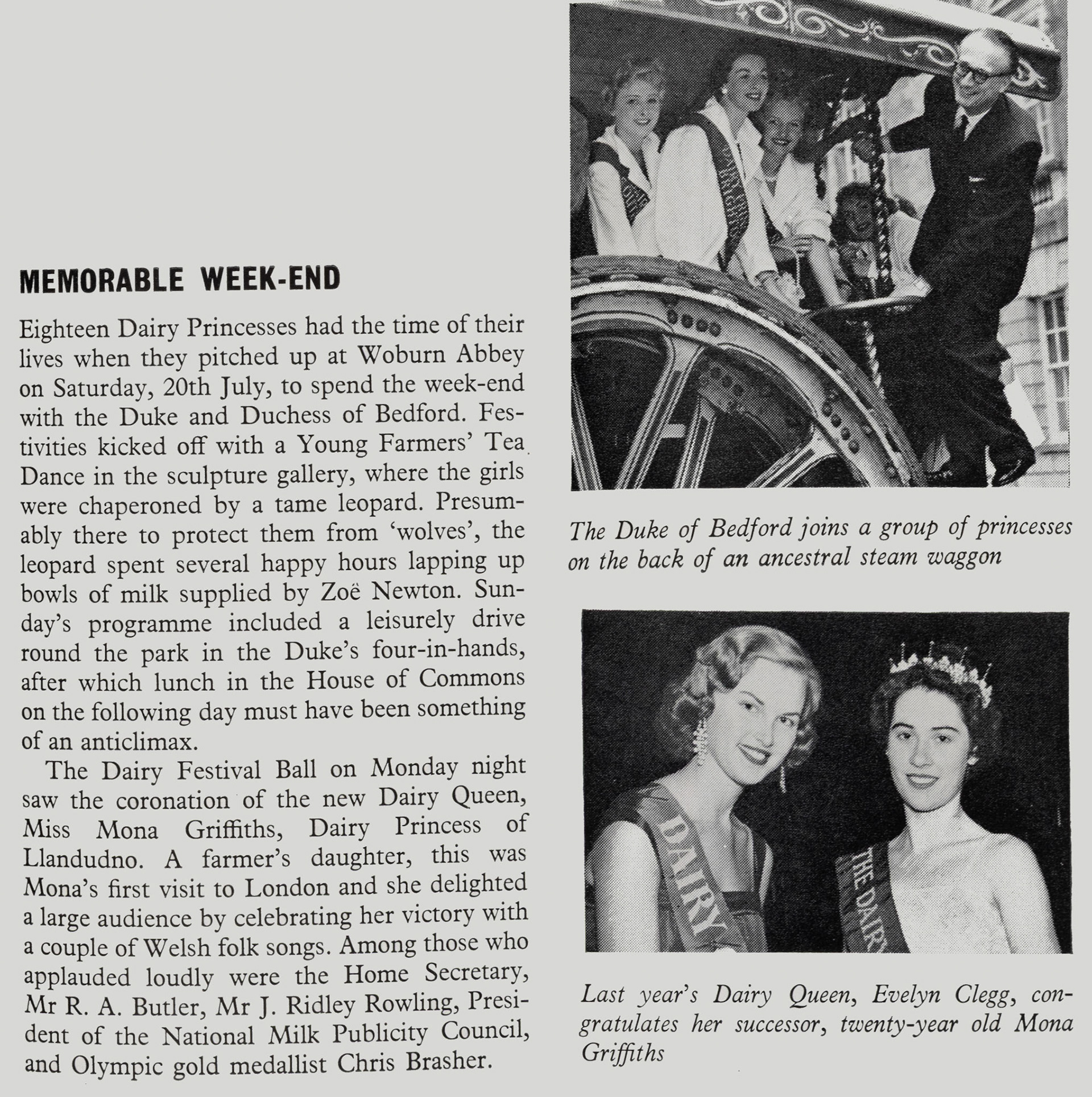 1957 The Duke and Duchess of Bedford welcomed 18 Dairy Princesses to Woburn Abbey, where the new Dairy Queen Miss Mona Griffiths was crowned by the outgoing Miss Evelyn Clegg. (Express News Autumn)