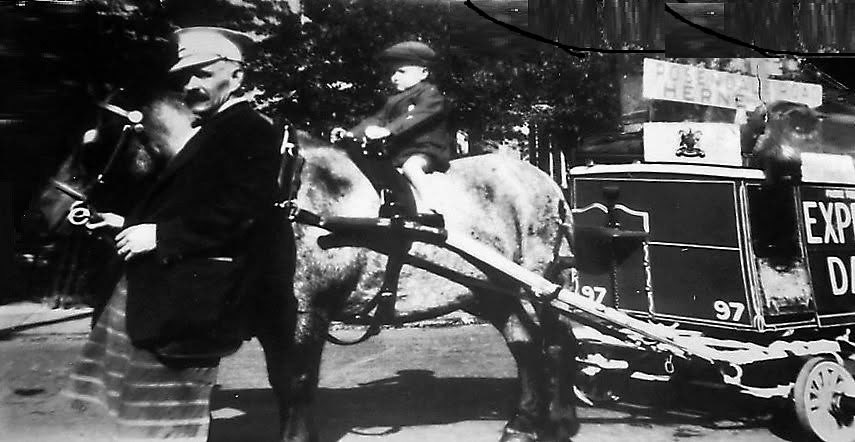 1910s Herne Hill. William Davis comments "A charming pre-Great War photograph of a young boy being given a treat of riding upon the back of a kindly milk roundsman's horse, pulling a delivery float from Herne Hill Depot. The Express Dairy in Rosendale Road was built in 1906 and closed in 1981". (Courtesy William D T Davis)