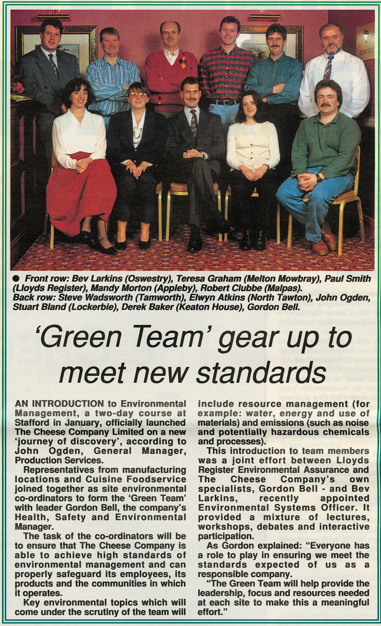 1994 Environmental Management Course news item in Cheese Company Newsletter