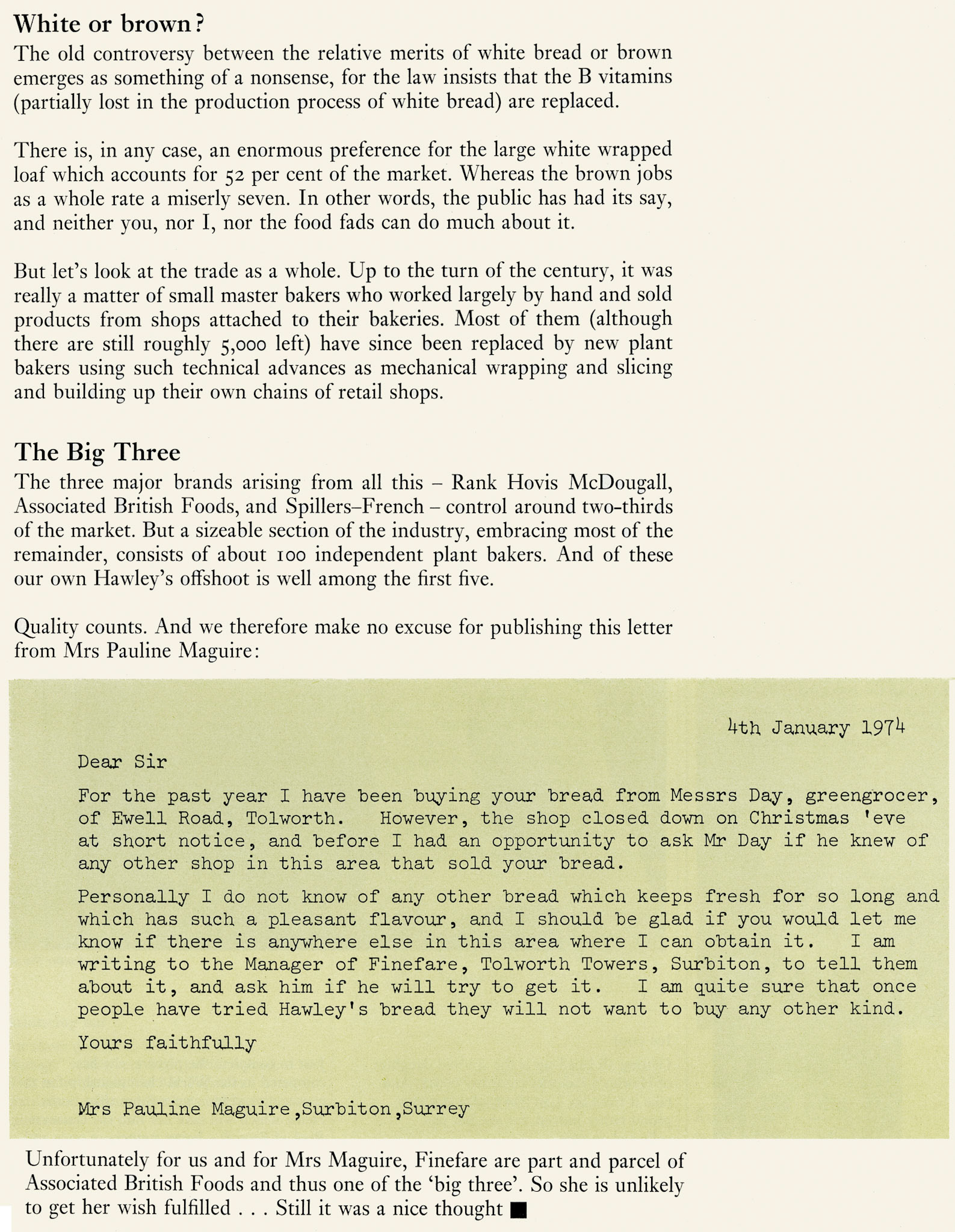 1974 Hawley's bread nutritional value compared with milk, with letter of praise from a customer. (Express News Autumn)