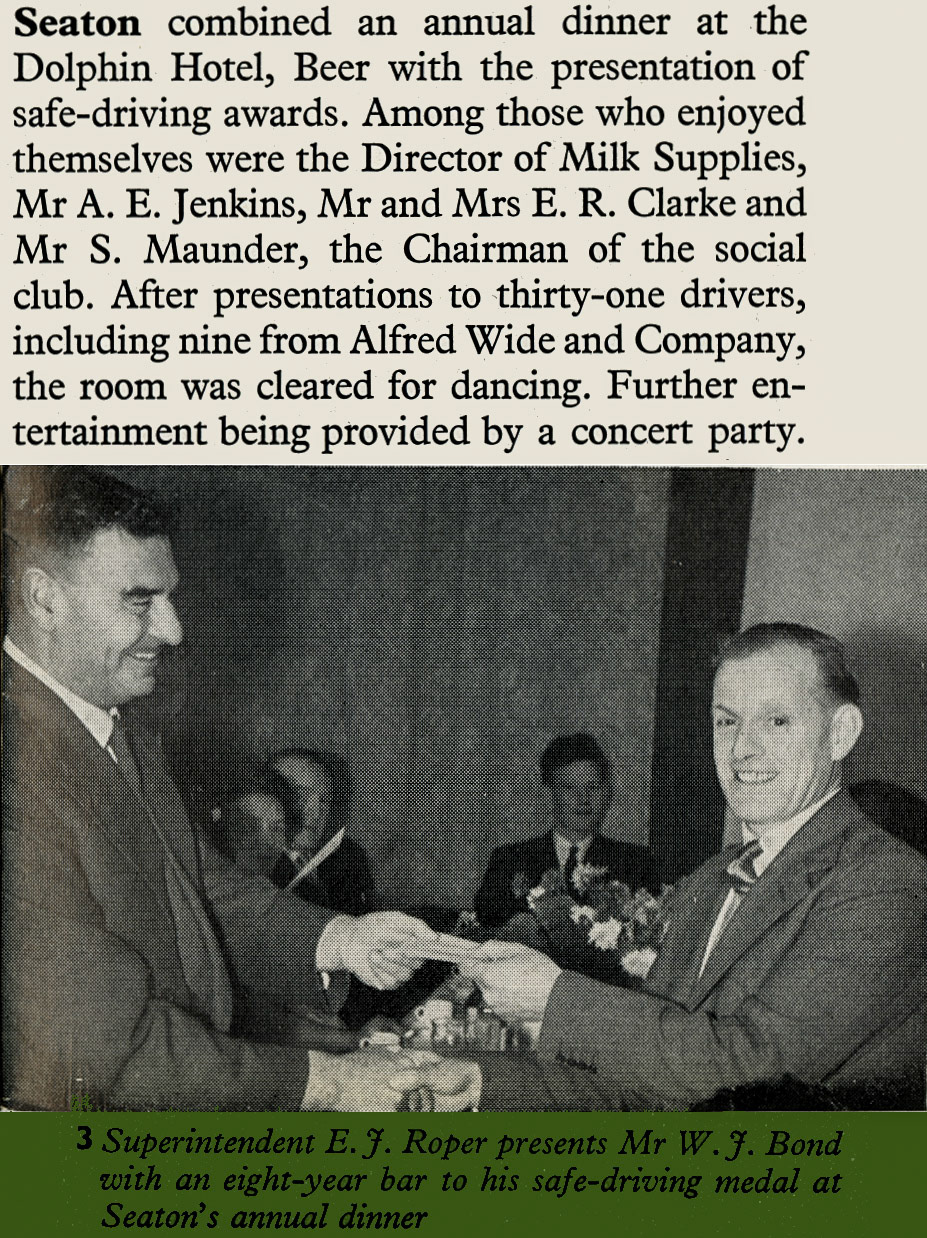 1959 Seaton Junction's annual dinner at the Dolphin Hotel, Beer with Mr W.J. Bond being presented with a safe driving medal. (Express News March)
