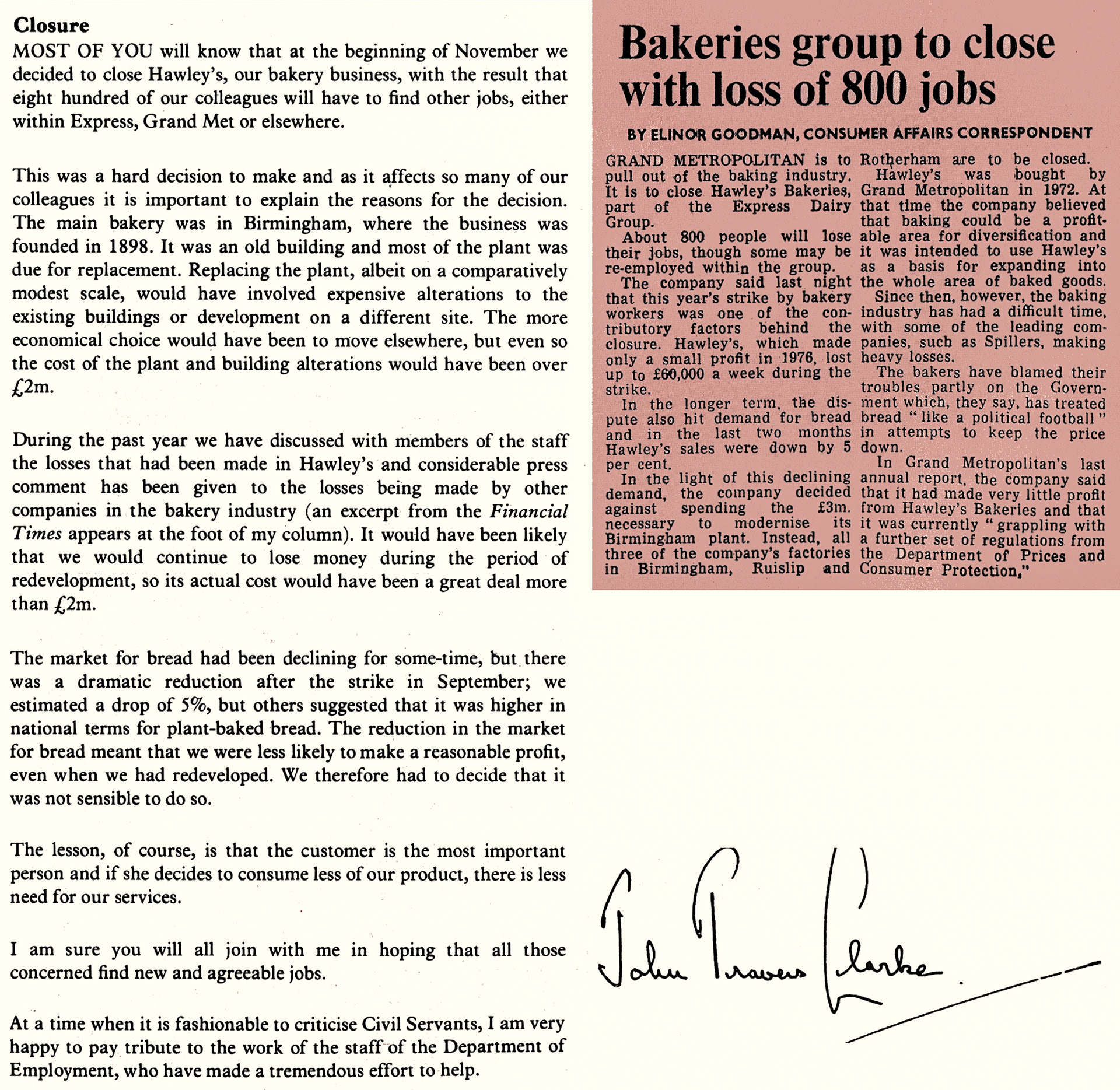 1977 John Travers Clarke announces the closure of Hawley's Bakeries with the loss of 800 jobs. (Express News Christmas)