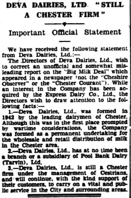 1947 Deva Dairies make an announcement following wartime rationalisation of deliveries. (Courtesy Cheshire Observer - Saturday 30 August)