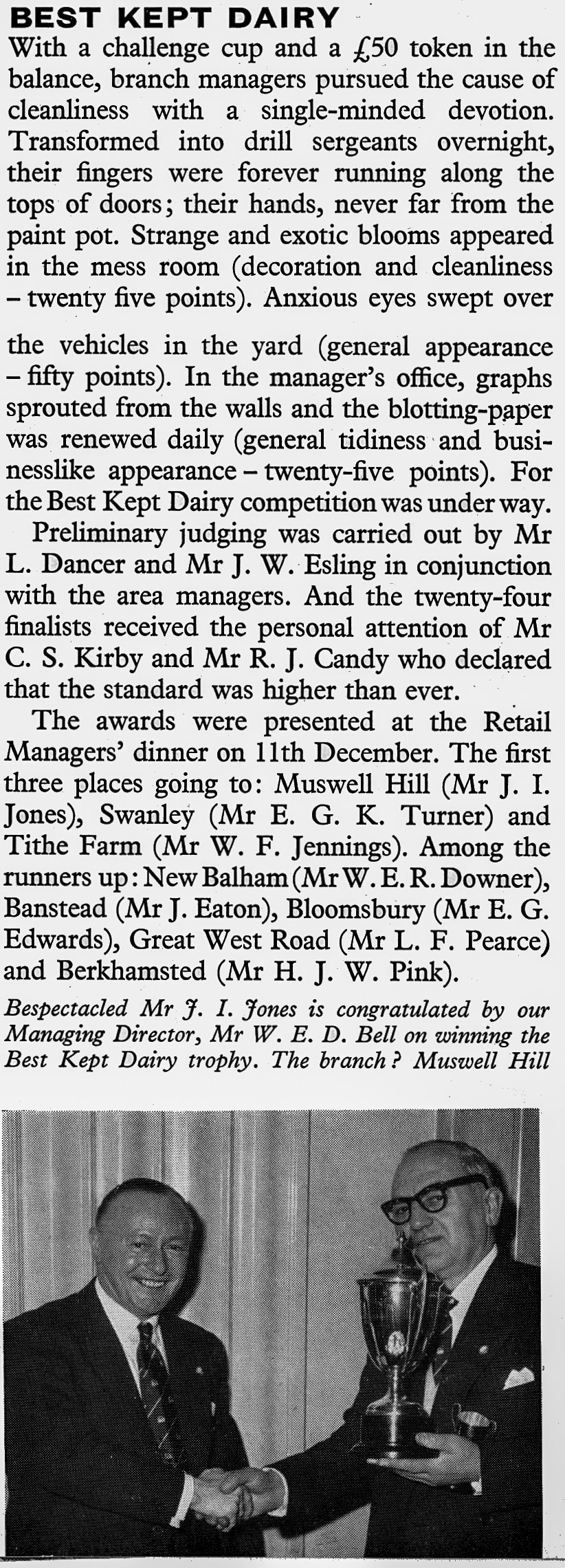 1959 Best Kept Dairy winners were Muswell Hill (Mr J.I. Jones below), Swanley and Tithe Farm. (Express News March)