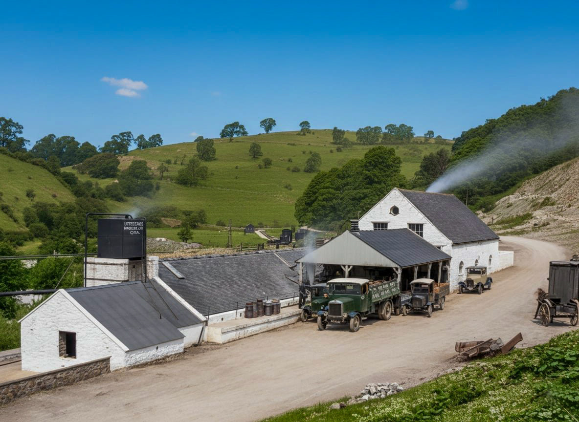 1920s Ecton Creamery. John comments "Ecton creamery probably in the late 1920s. Matthew Pinto comments "The mines closed around the end of the 19th century IIRC. Ecton Creamery took over the buildings and opened in 1918 by F. W. Gilbert Ltd and was later absorbed into United Dairies. The creamery closed in 1932 and output was transferred to the newly opened Express Dairy at Rowsley which was connected to the main line rail network. The Leek and Manifold Light Railway closed in 1934. (Photo courtesy John Irish, colourised by Peter Neville, posted by Alan Salt)