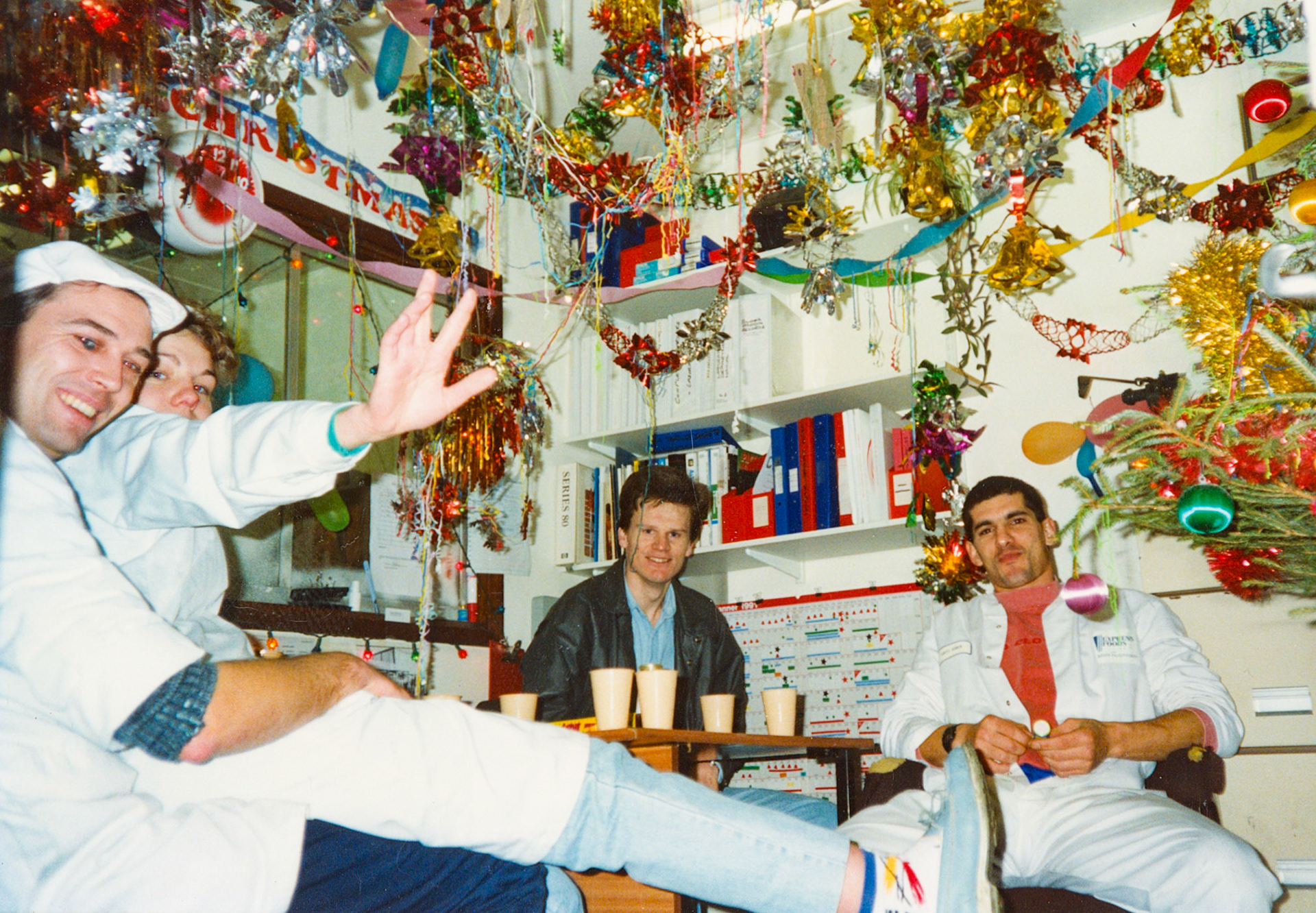 1991 Honiton, Xmas Eve: Kork's Christmas Grotto shed with ?, Vicky Maynard, Dave Ferry and Mark Hutchinson.  (Courtesy Wendy Hawker)