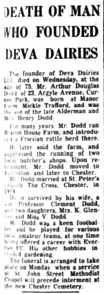 1972 Arthur Dodd, who founded Deva Dairies, dies. (Courtesy Cheshire Observer - Friday 24 March)