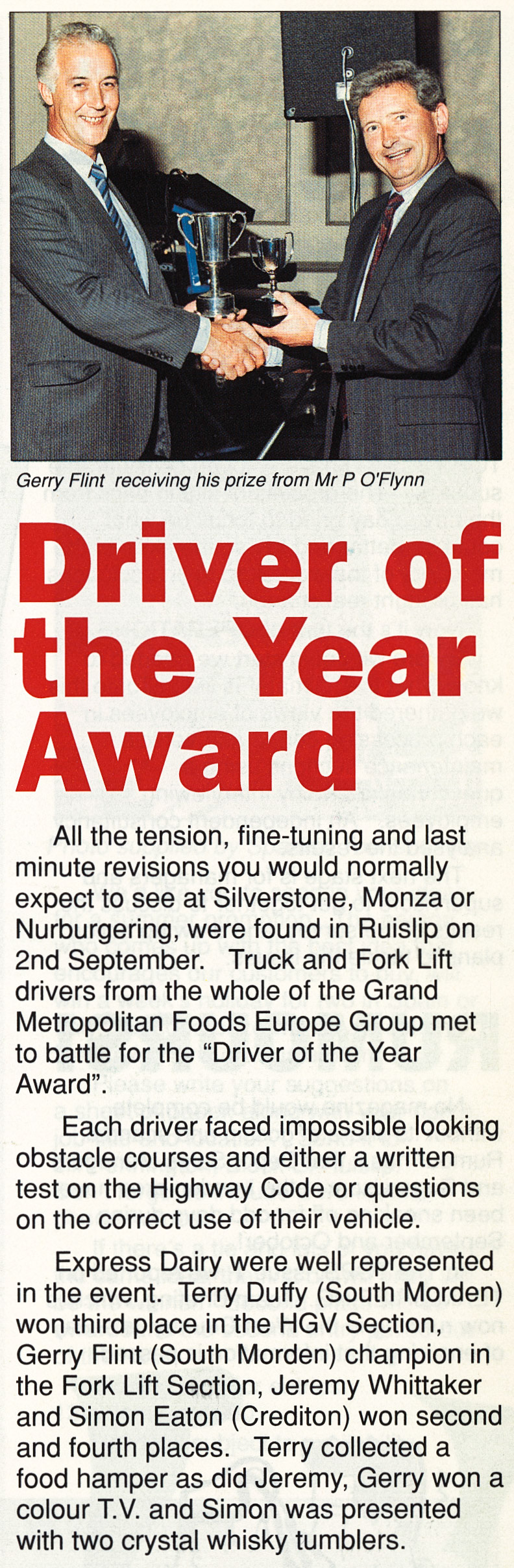 1989 Express staff win awards at Grand Met's 'Driver of the Year award', featuring Gerry Flint (forklift, South Morden), Terry Duffy (South Morden HGV) and Jeremy Whittaker and Simon Eaton from Crediton.