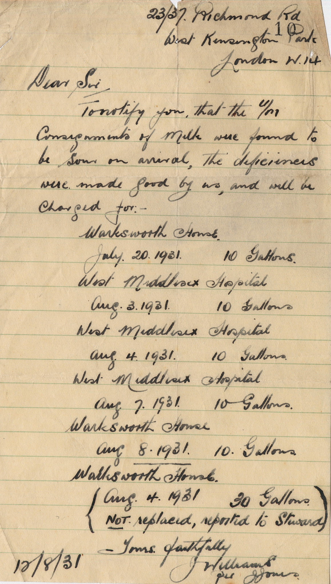 1931 Tally from J. Williams, proprietor of West Kensington Creameries, listing milk deliveries to fulfil Ruyton Co-operative Dairies hospital supply contract.