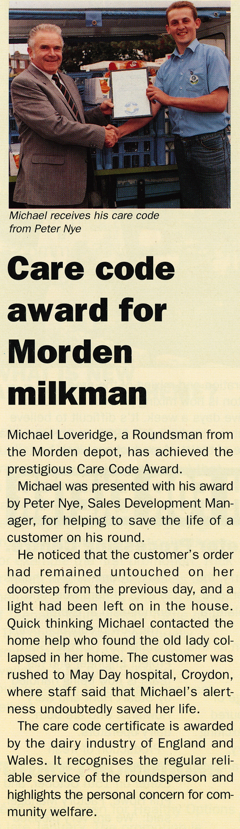1990 Morden roundsman Michael Loveridge presented with Care Code Award (1990 Winter Tops Magazine, Courtesy Beryl Purslove)